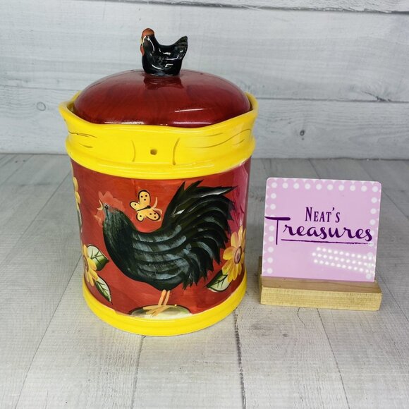 Susan Winget Cracker Barrel ROOSTER Colorful Ceramic Lidded Canister Jar FLAW